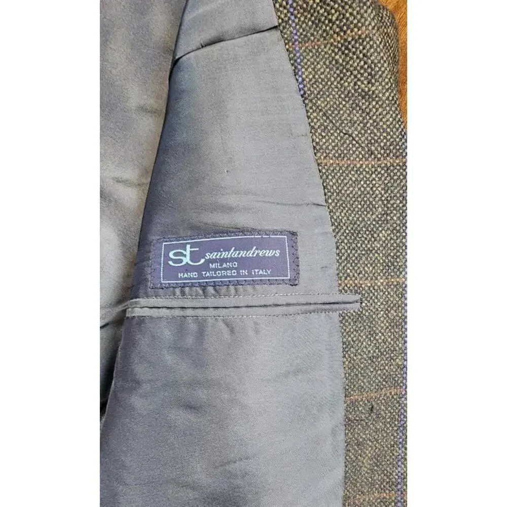 Saint Andrews Men's Wool Cashmere‎ 2 Button Sports Coat Italy Olive Windowpane